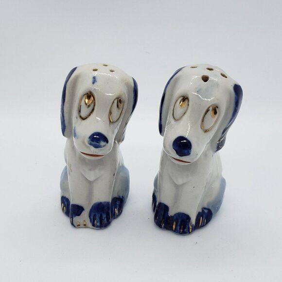 White Blue Gold Sad Eyed Dog Vintage Salt and Pepper Shaker - Picture 8 of 9